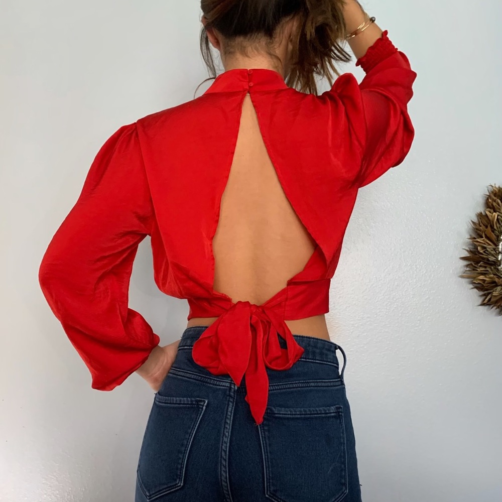 SUPER CUTE red, backless, mock neck blouse!
